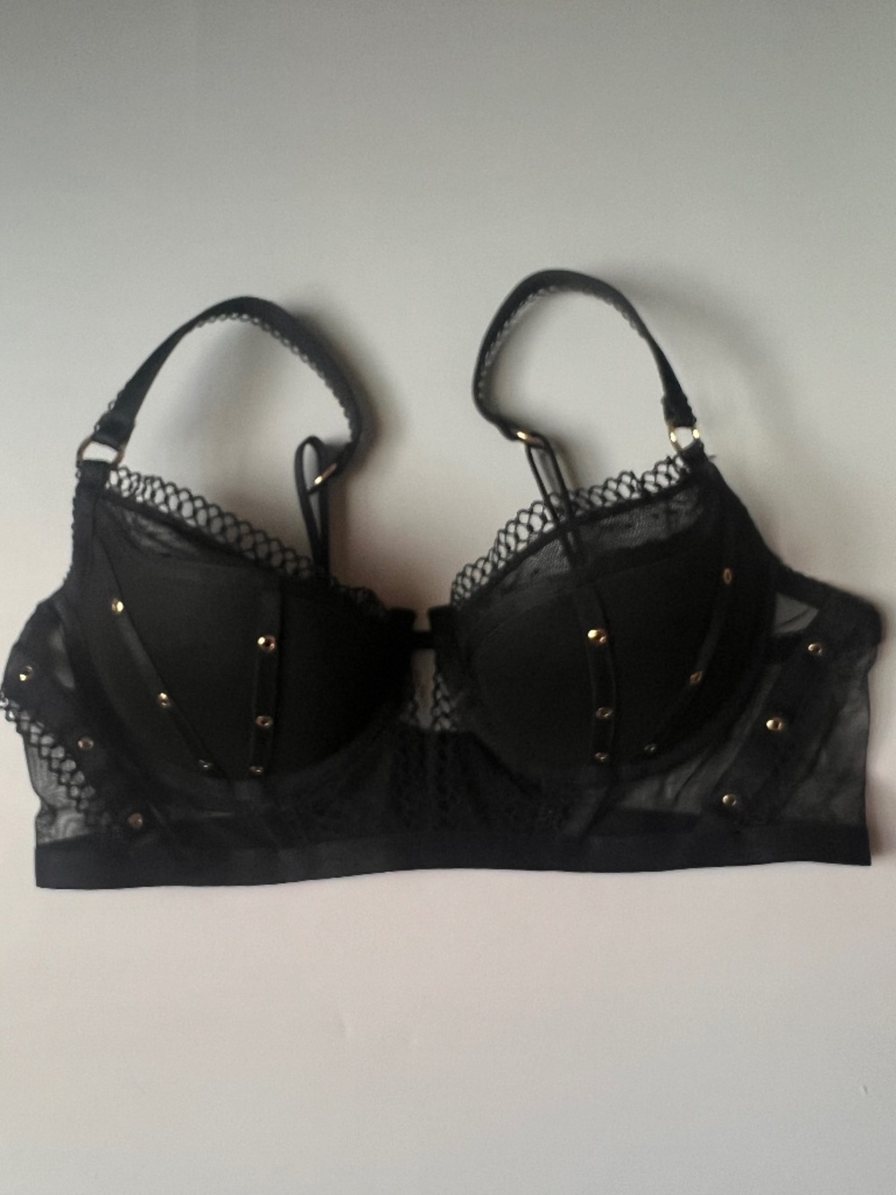 Honey Birdette Black Mesh Lace Longline Bra 36C Gold Hardware Sheer Panel